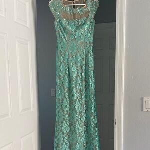 Luxurious Mint Floral Lace Overlay Maxi Gown